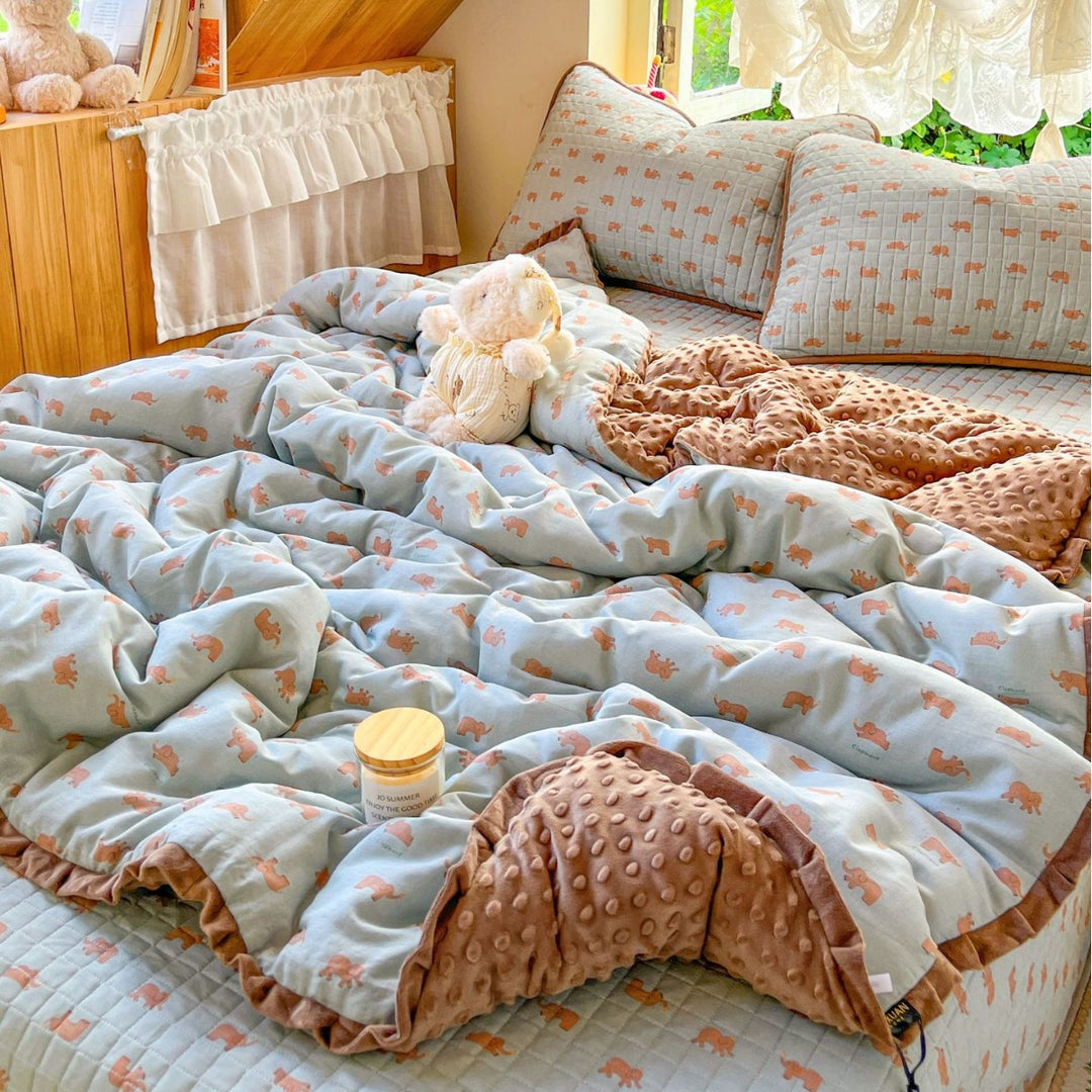 Children's Quilted Reversible Minky-Back Duvet Comforter Set with Ruffled Edge