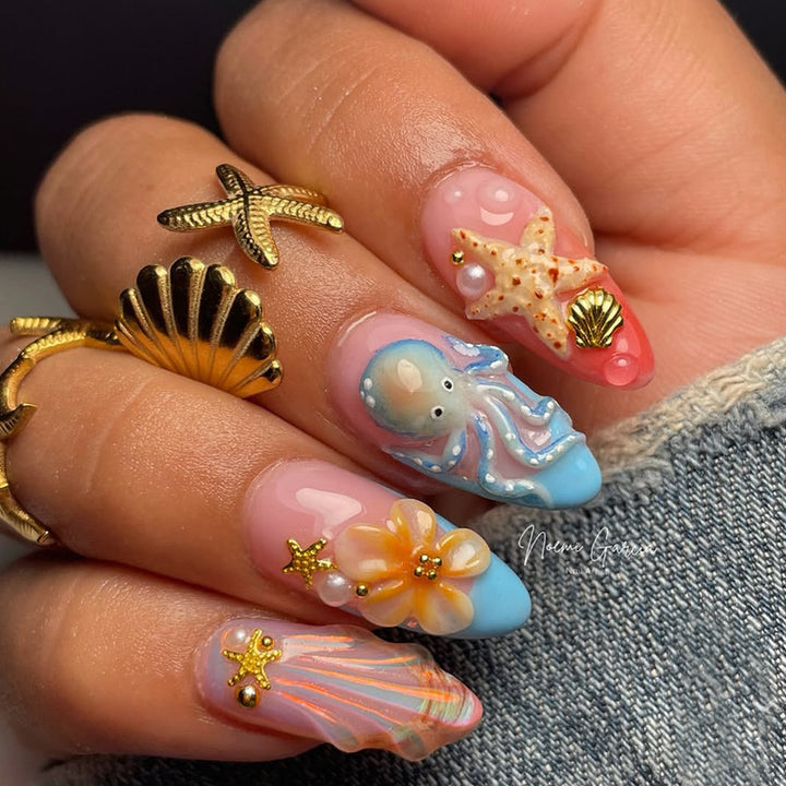 Decorative Press-On Nail Art Set with Summer-Inspired Ocean Designs Stornfield