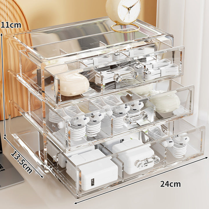 Three-Drawer Clear Acrylic Desktop Cable Charger and Earbud Organizer with Dividers