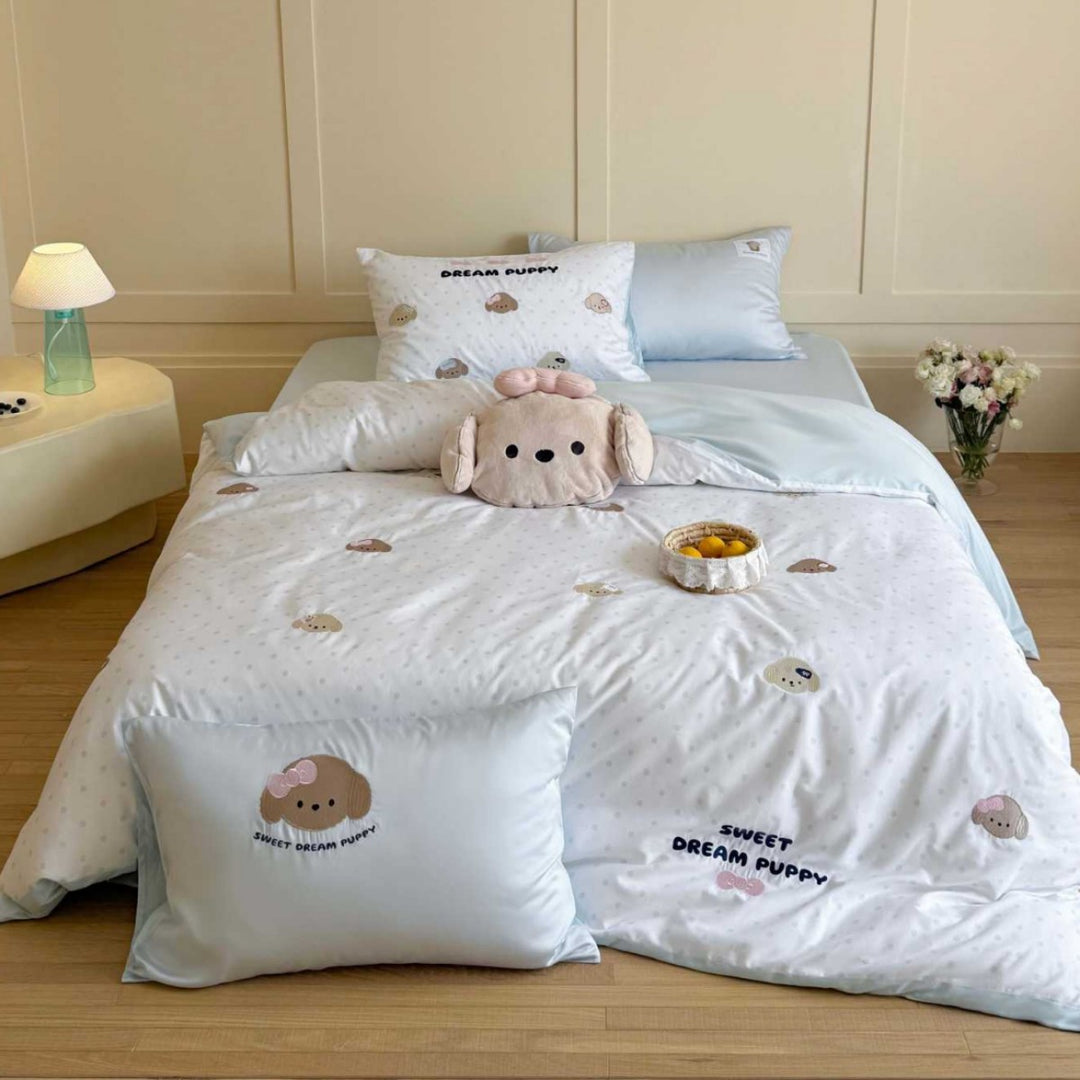 Cute Embroidered Puppy Cotton Duvet Cover Set
