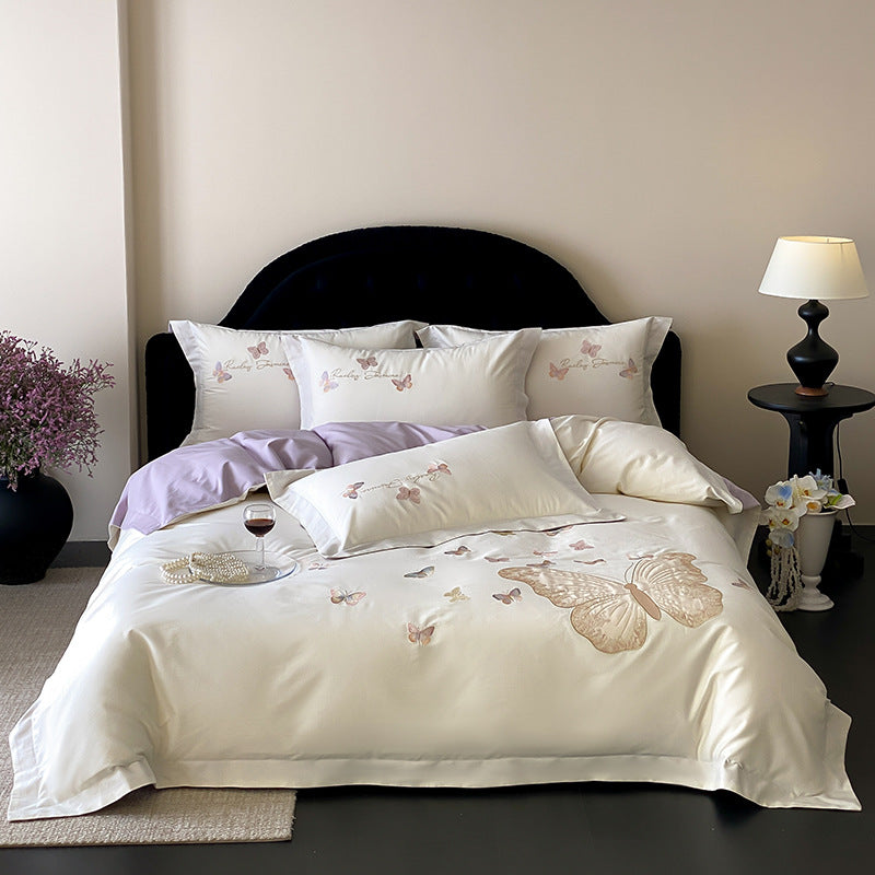 Embroidered Satin Butterfly Duvet Cover Set with Reversible Lilac Sateen and Pillow Shams