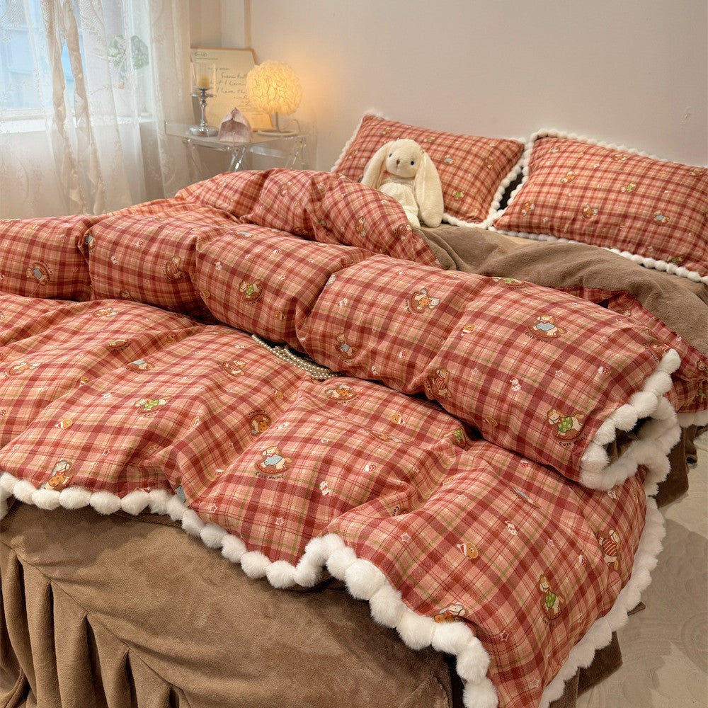 Cute bedding set with teddy fleece reversible function and pompom edge