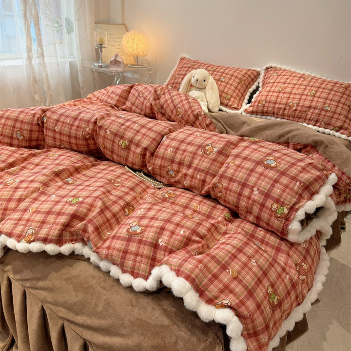 Cute bedding set with teddy fleece reversible function and pompom edge