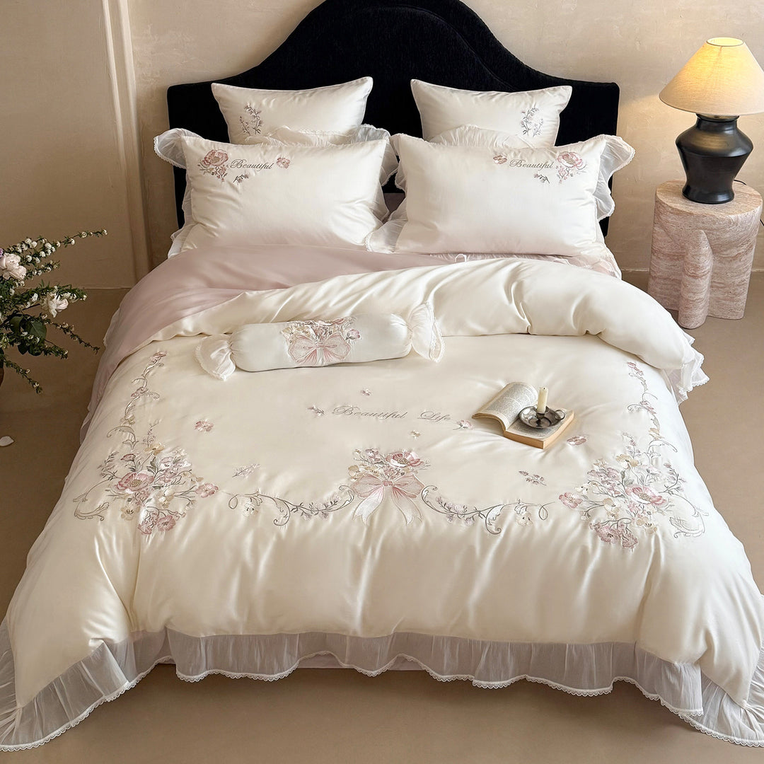 Luxury Floral-Embroidered Satin-Blend Duvet Cover Ensemble with Ruffled Sheer Skirt