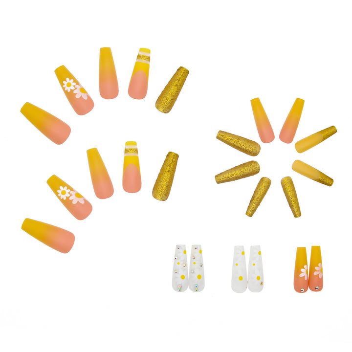 Artificial nail set with colorful sunflower designs and glittering accents Stornfield