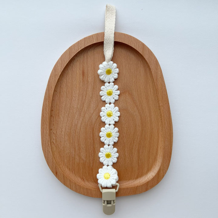 Crochet Daisy Pacifier Clip with Cotton Strap