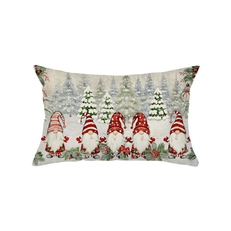 Festive Cotton-Linen Christmas Decorative Rectangular Pillow Cover with Santa Illustration and Hidden Zipper