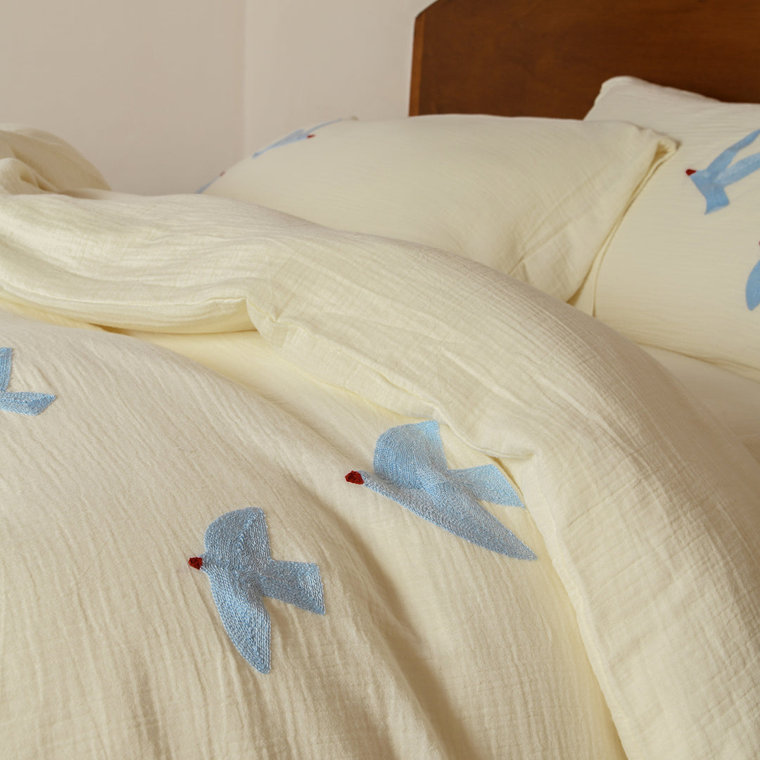 Washed Cotton Muslin Embroidered Bird Duvet Cover Set