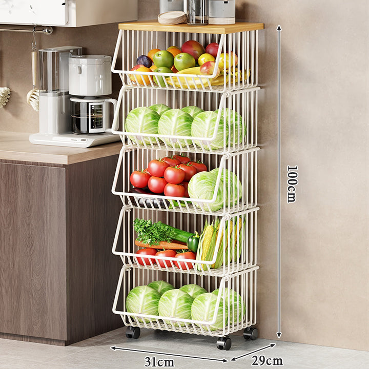 Slim Vertical Rolling Wire Produce and Pantry Organizer Cart with Wood Top