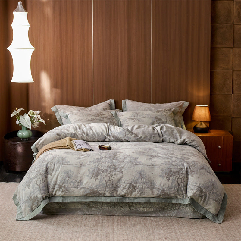 Duvet cover set made of densely woven cotton satin with ornamental jacquard pattern and reversible function