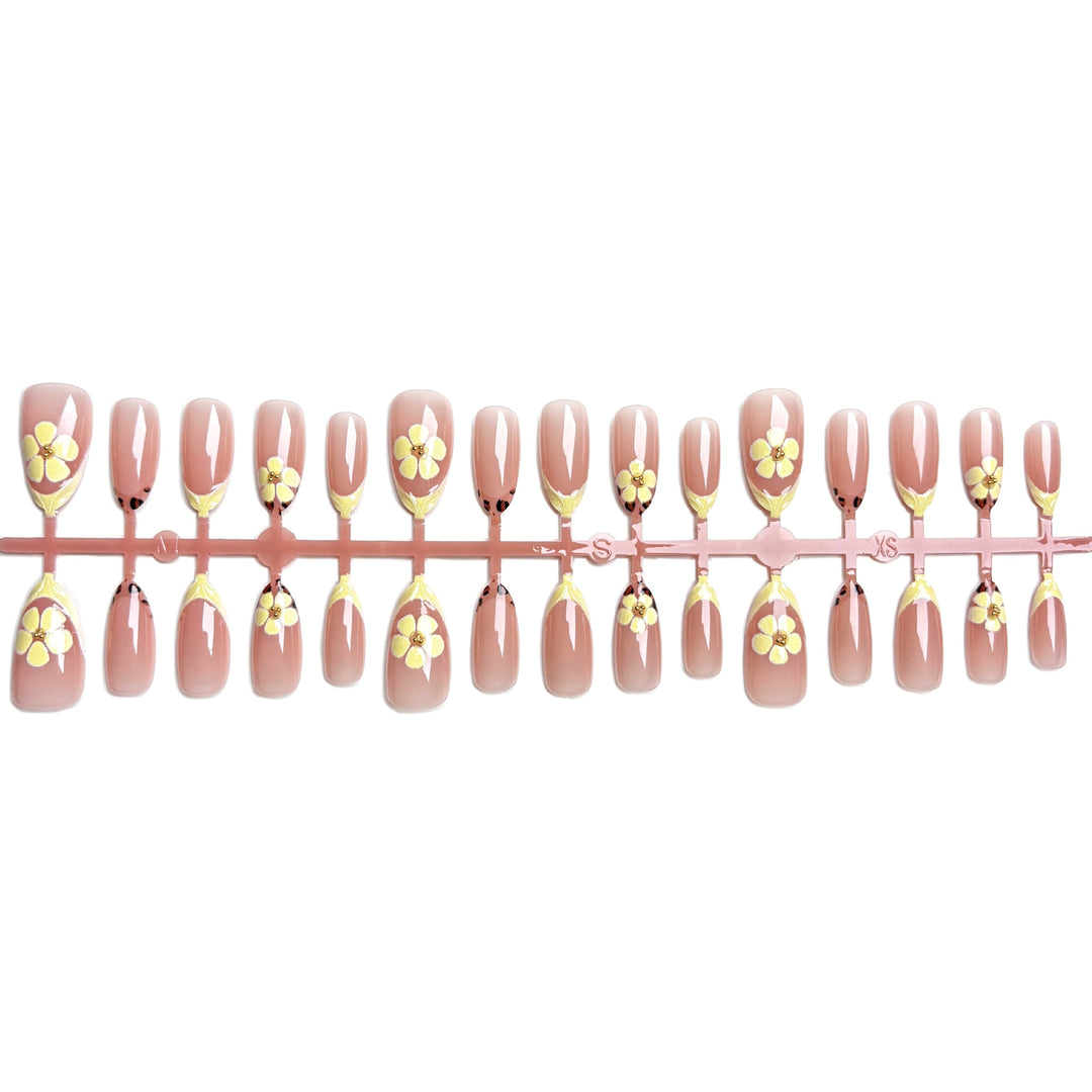 Artistic Press-On Nail Set with Floral Embellishments