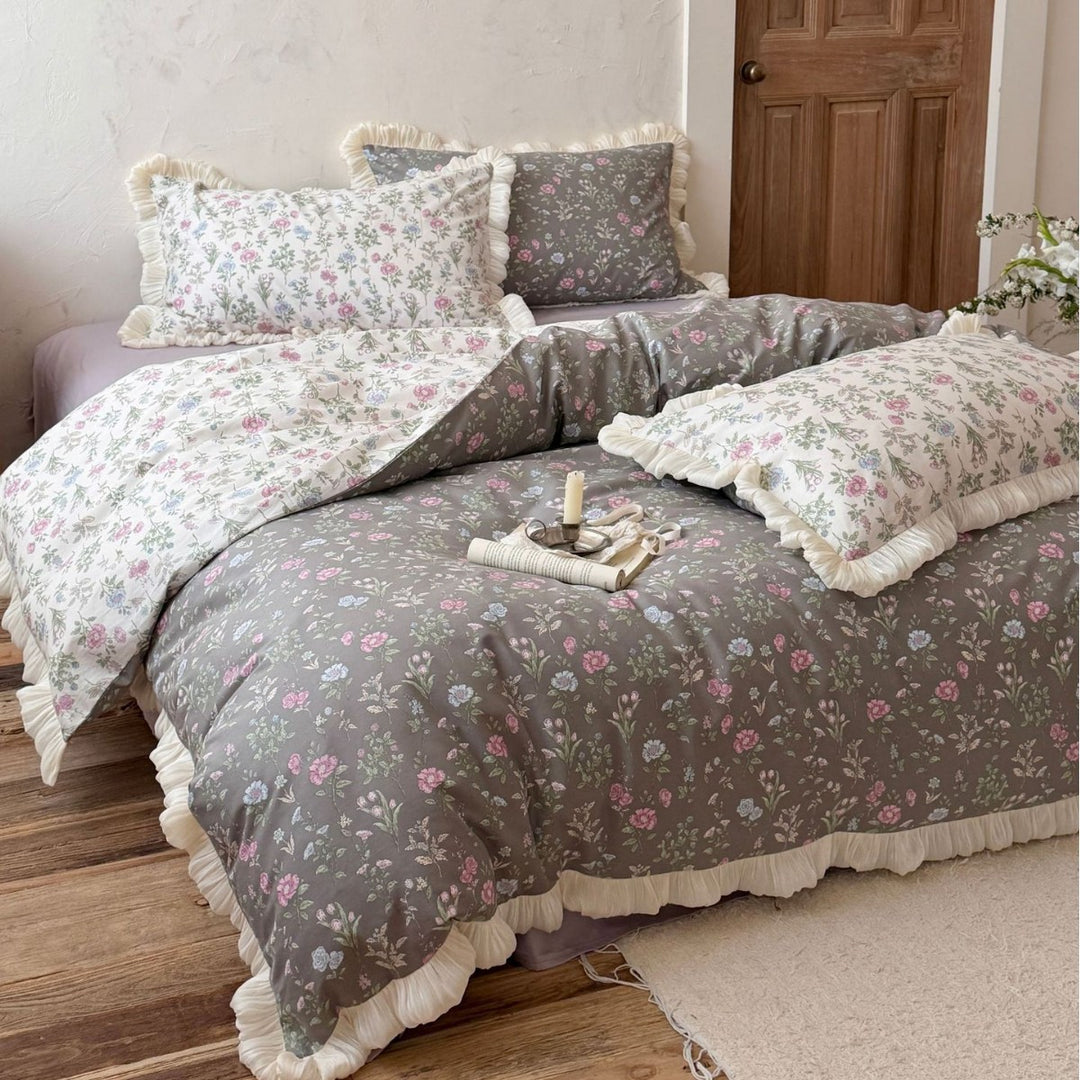 Ruffled Floral Cotton Duvet Cover Set with Frilled Edges