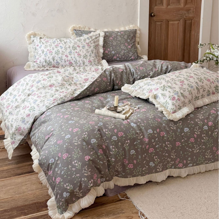 Ruffled Floral Cotton Duvet Cover Set with Frilled Edges