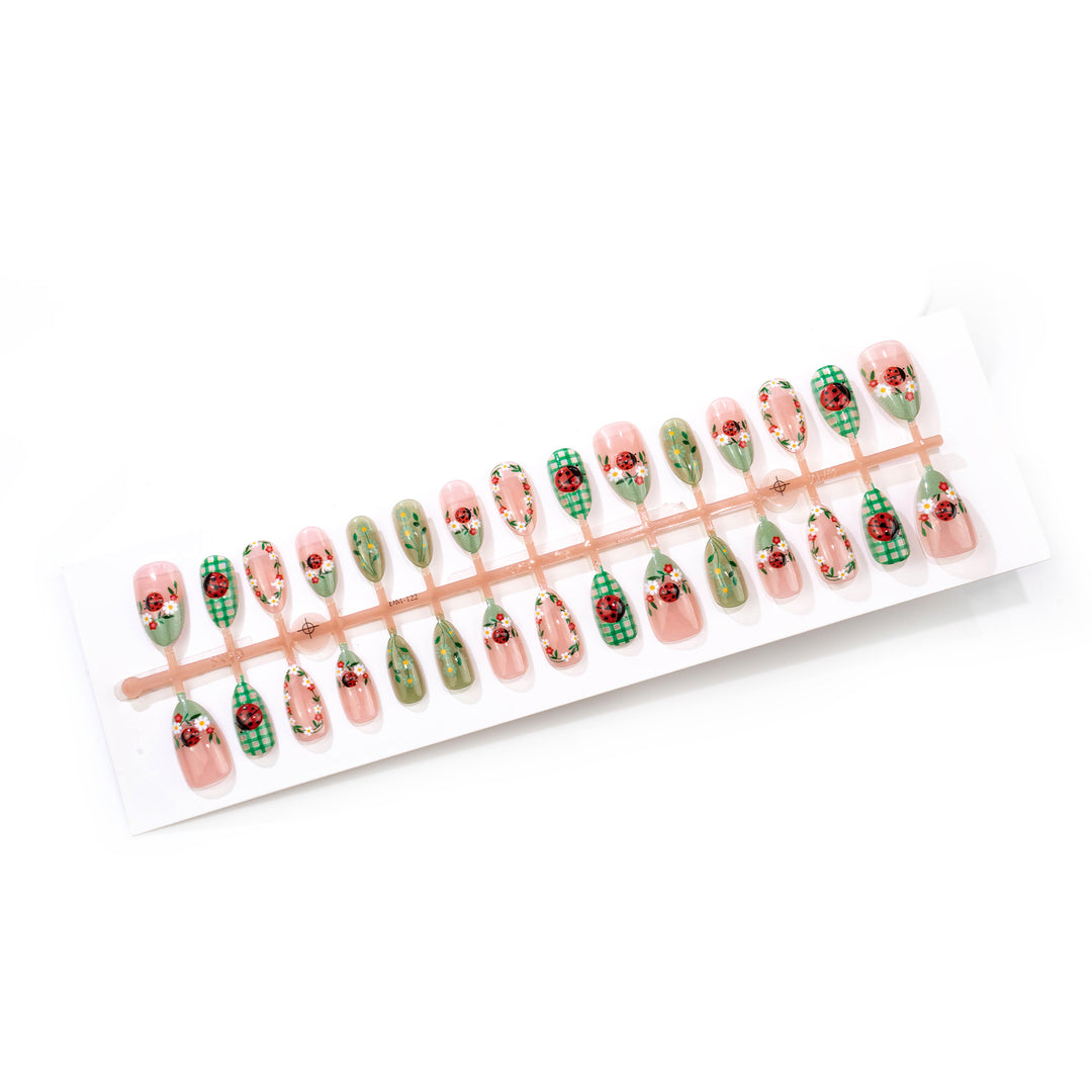 Artistic Press-On Nail Art Set with Floral Ladybug Design Stornfield