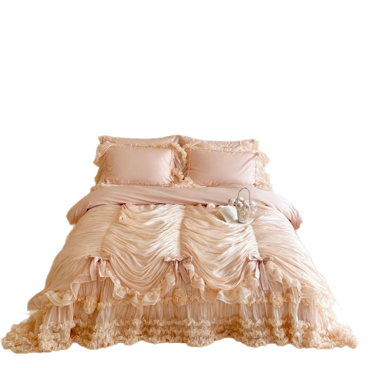 Luxury Ruched Chiffon Ruffled Duvet Cover Set with Bow & Rosette Embellishments