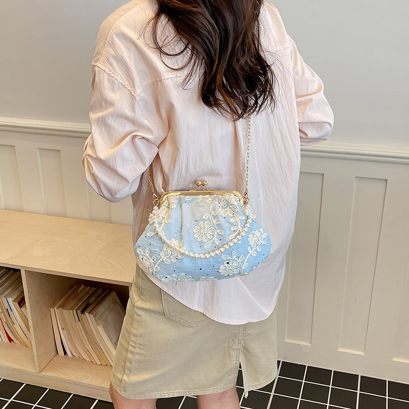 Embroidered Clutch Handbag with Pearl Accents