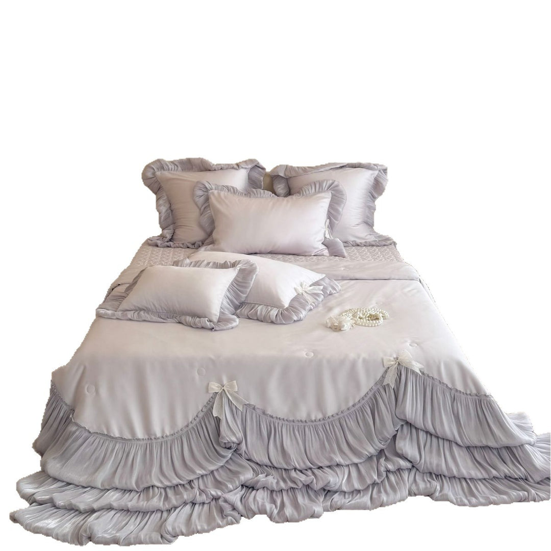 Layered Pleated Satin-Feel Tiered Bedspread Set with Ruffled Pillow Shams