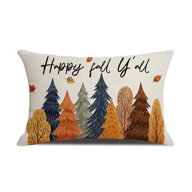 Rectangular Linen-Cotton Decorative Pillow Cover with Polka Dot Background and Autumn Pumpkin Floral Print