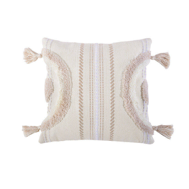 Woven decorative cushion cover with semi-circular tuft appliqué, fringe tassels, and concealed zipper Stornfield