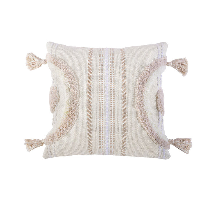 Woven decorative cushion cover with semi-circular tuft appliqué, fringe tassels, and concealed zipper Stornfield