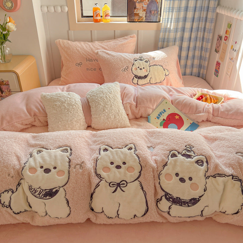 Plush Sherpa Reversible Comforter and Pillowcase Set with Kawaii Embroidered Motif