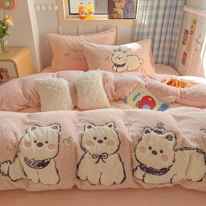 Plush Sherpa Reversible Comforter and Pillowcase Set with Kawaii Embroidered Motif
