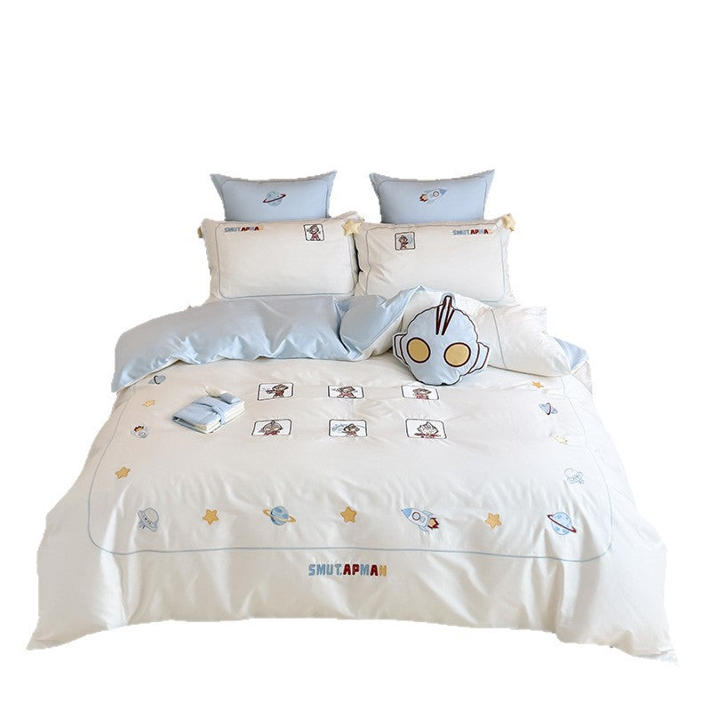 Children's Space-Theme Cotton Sateen Duvet Cover Bedding Set with Rocket & Character Pillow