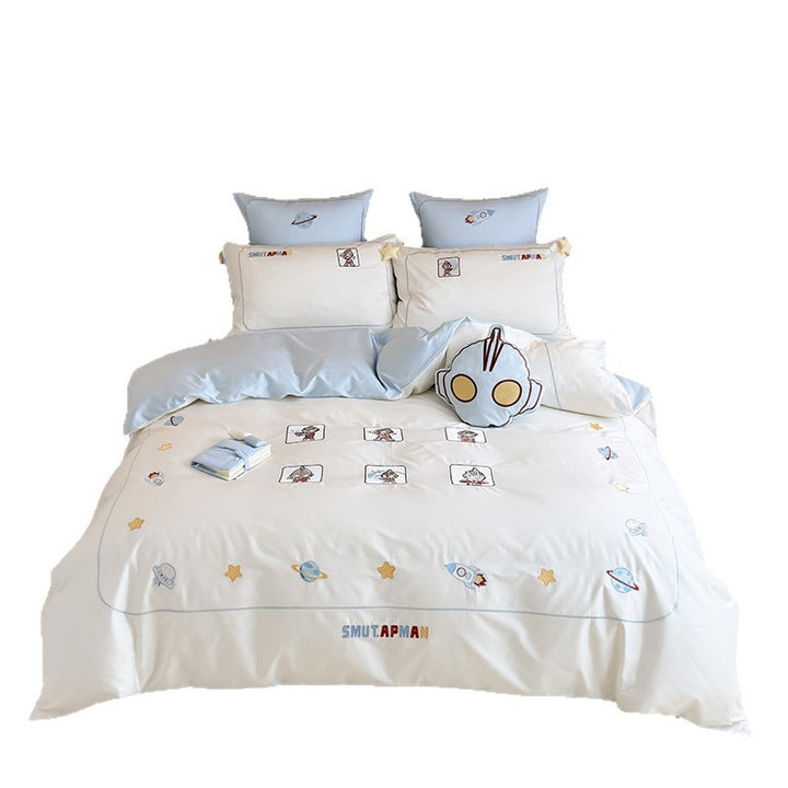 Children's Space-Theme Cotton Sateen Duvet Cover Bedding Set with Rocket & Character Pillow