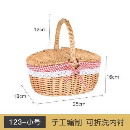 Women's braided basket with checkered fabric insert and decorative lace embellishment Stornfield
