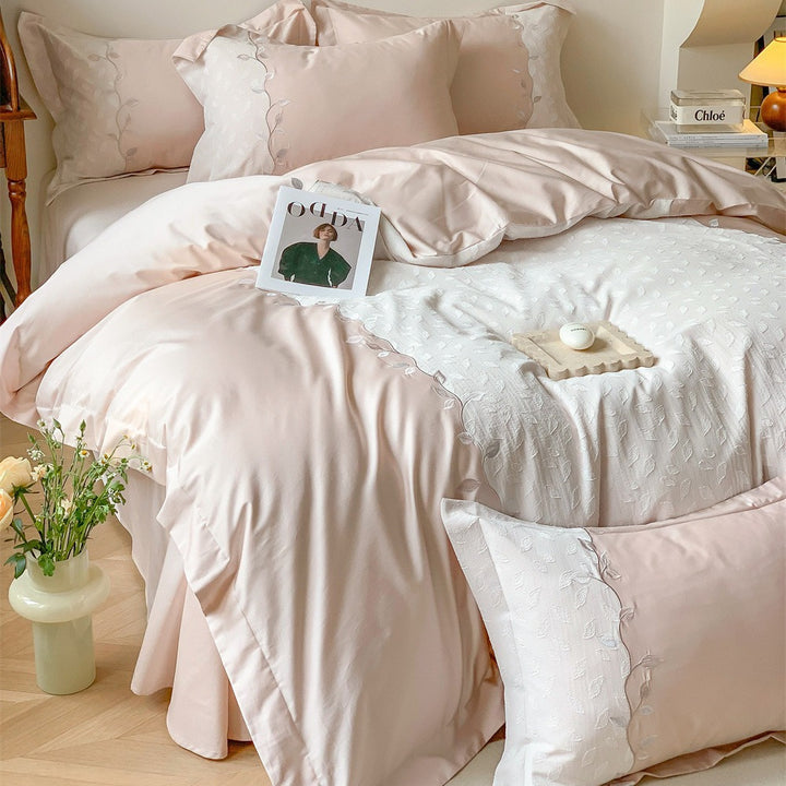 Reversible Embroidered Cotton-Sateen Duvet Cover Set with Leaf Jacquard and Oxford Shams