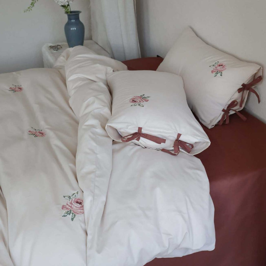Embroidered Floral Cotton Sateen Duvet Cover Set with Decorative Pillow Shams