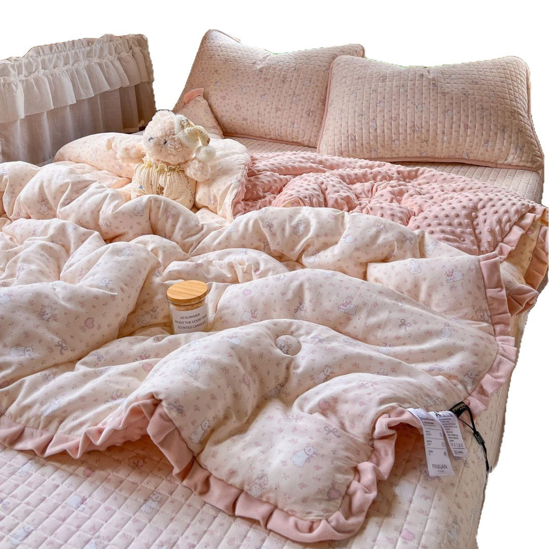 Children's Quilted Reversible Minky-Back Duvet Comforter Set with Ruffled Edge