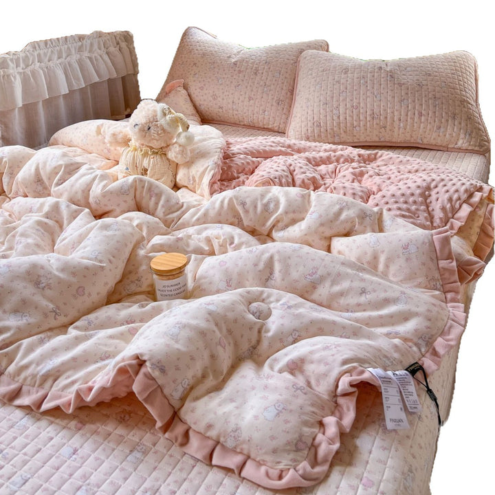 Children's Quilted Reversible Minky-Back Duvet Comforter Set with Ruffled Edge