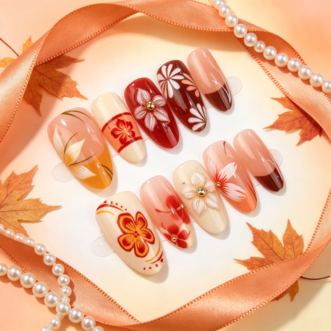 Floral Autumn-Themed Press-On Nail Art Set