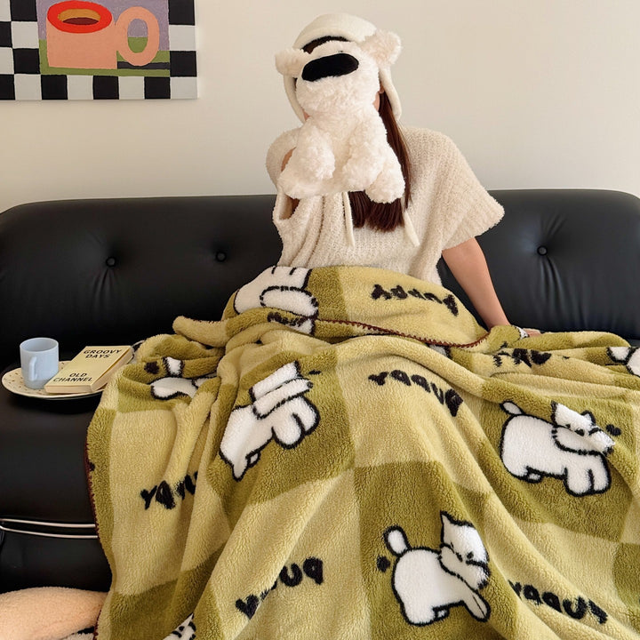 Plush Sherpa Fleece Throw Blanket with Cartoon Dog Motif