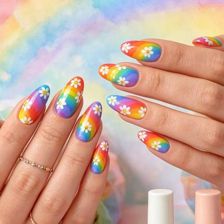 Creative Nail Art with Colorful Rainbow Design and Playful Flower Motifs Stornfield