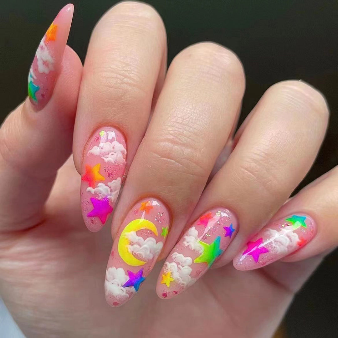 Vibrant Celestial Themed Press-On Nails Stornfield