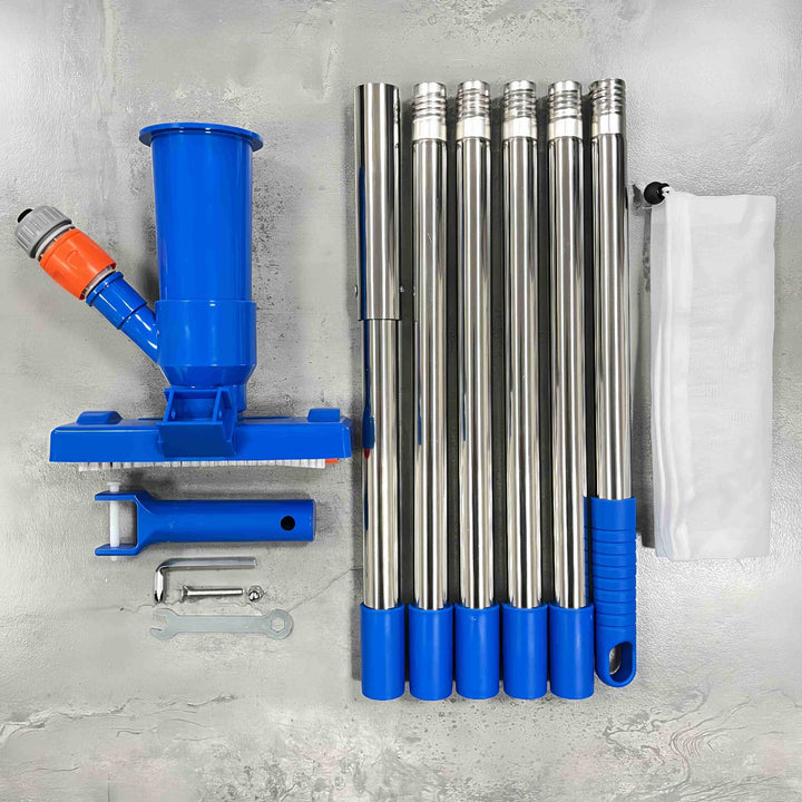 Telescopic stainless steel pool vacuum kit with brush head and fine mesh leaf bag Stornfield