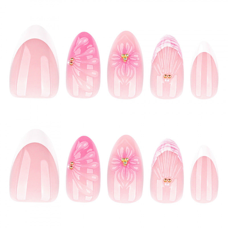 Artistic Floral Press-On Nail Art Set with Shell and Gem Accents Stornfield