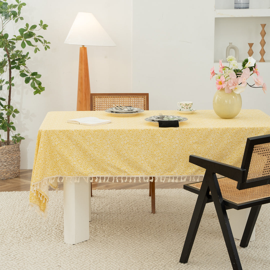 Rectangular tablecloth with floral Millefleurs print and cotton tassels Stornfield