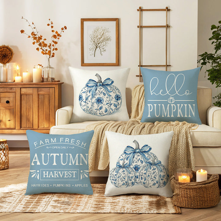 Decorative Linen Throw Pillow Cover with Floral Pumpkin Illustration and Bow Accents