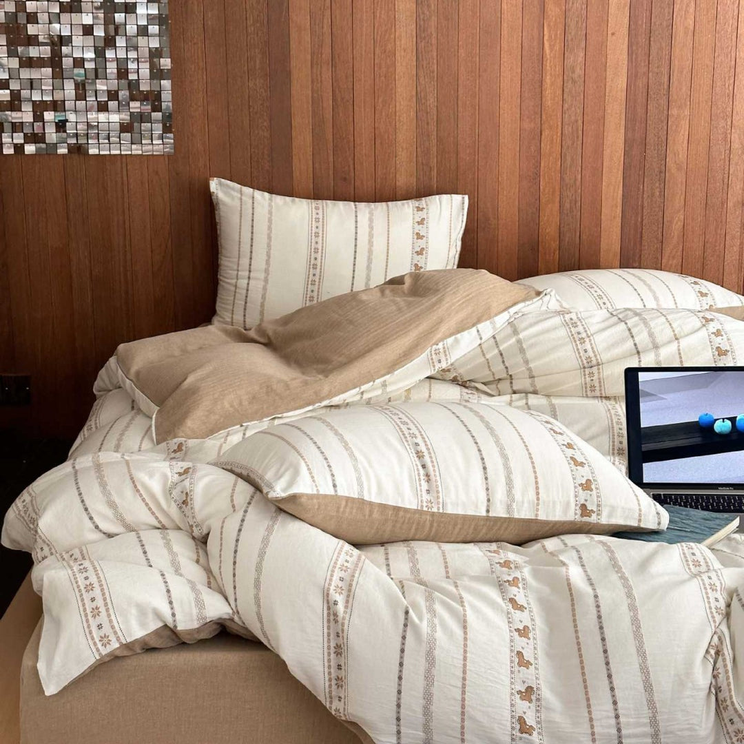 Reversible Cotton-Linen Duvet Cover Set with Handcrafted Stripe & Folk Motif