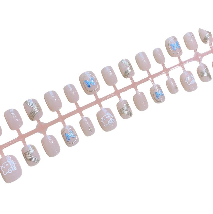 Artistic Press-On Nail Set with Butterfly and Metallic Design Stornfield