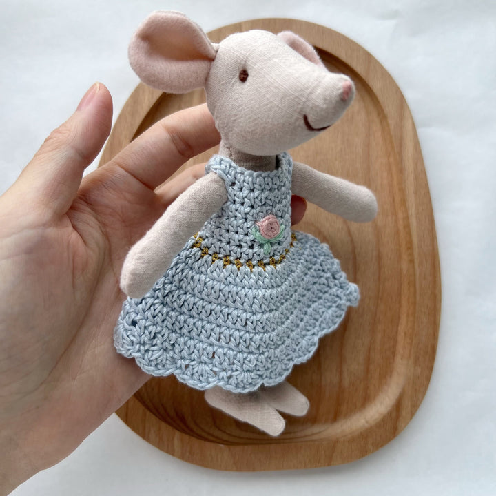 Handmade Linen Mouse Doll with Crocheted Dress and Embroidered Details