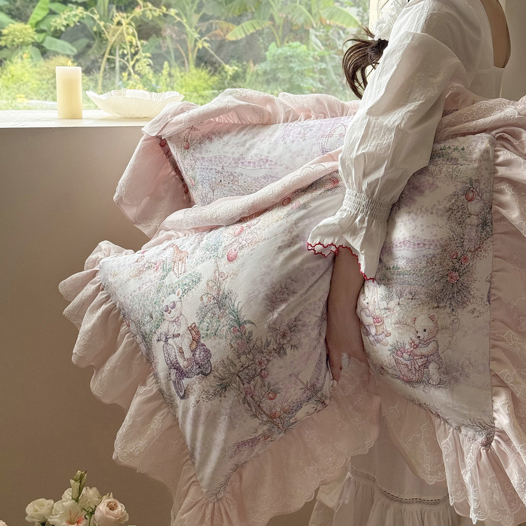Ruffled Cotton-Sateen Reversible Duvet Cover Set with Pastel Fantasy Animal Print and Lace-Trim Pillow Shams