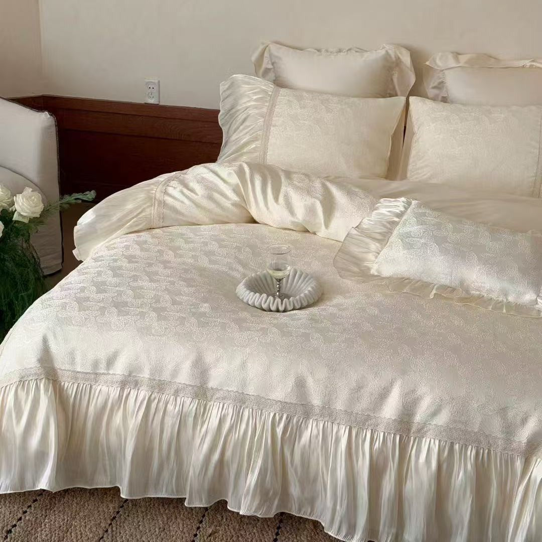 Elegant Ruffled Jacquard Satin-Trim Duvet Cover & Pillow Sham Set
