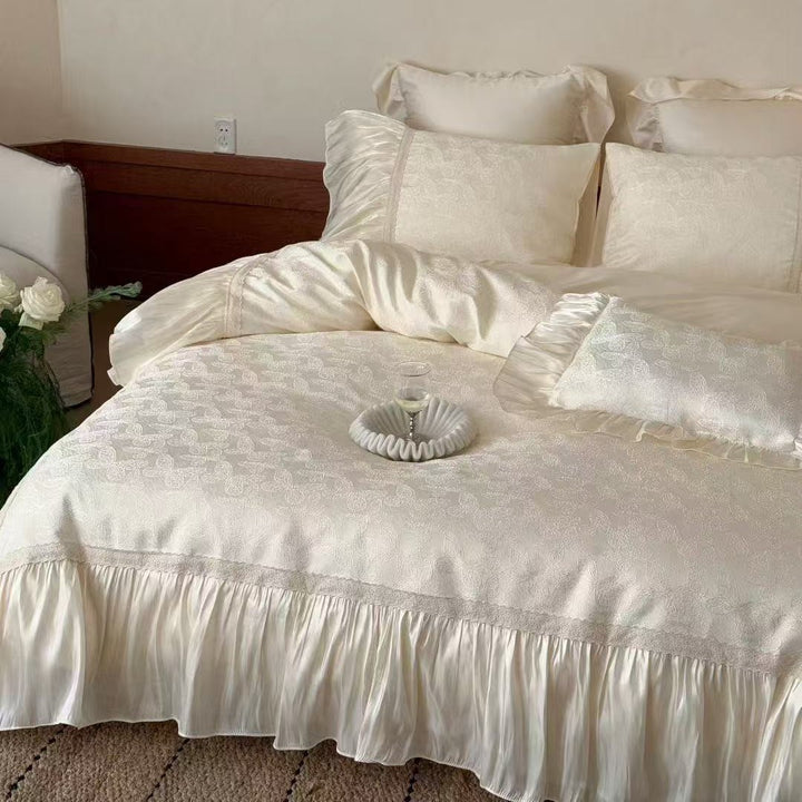 Elegant Ruffled Jacquard Satin-Trim Duvet Cover & Pillow Sham Set