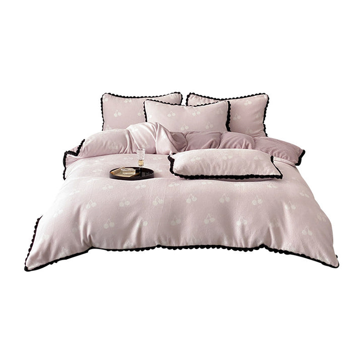 Cherry-Jacquard Cotton-Blend Duvet Cover Set with Pom-Pom Edge and Contrast Ruffle Trim