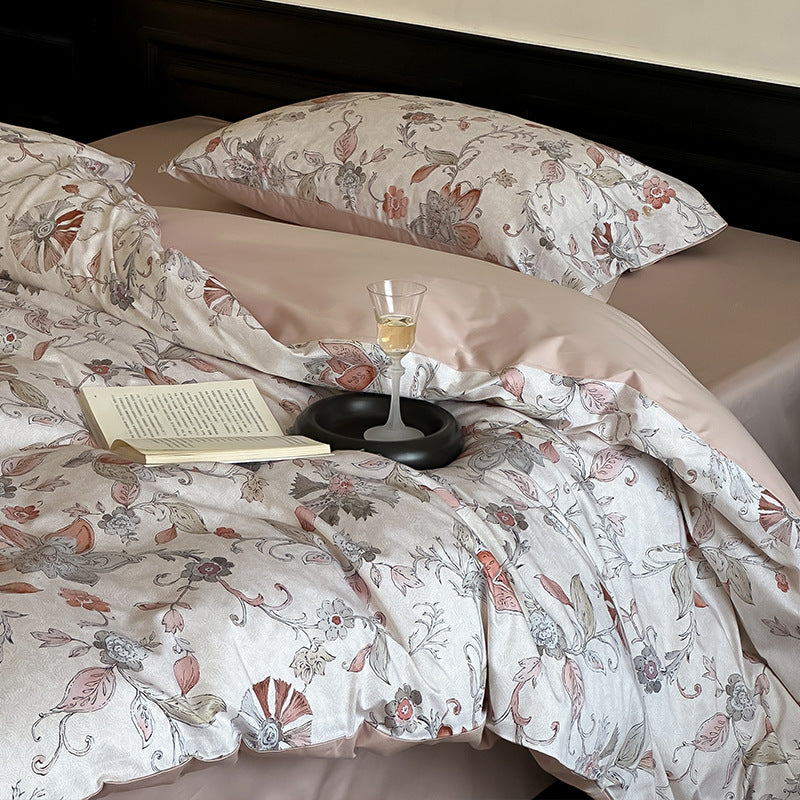 Luxurious satin bedding set with delicate rose patterns and button placket