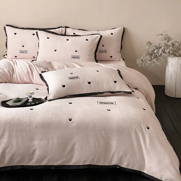 Embroidered Heart Cotton Duvet Cover Set with Contrast Piped Pillowcases
